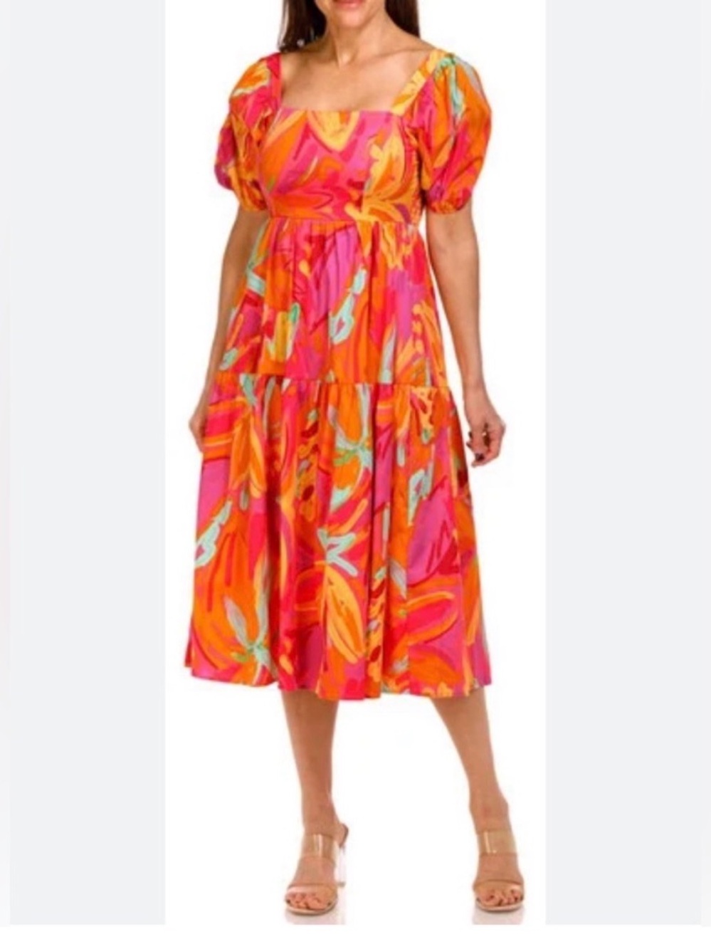 Crystal Sky Fruit Brush Tropical Puff Sleeve Midi Dress Pink Orange L